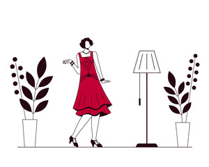 A girl in a red dress in retro style is dancing. On white background. Minimalism. Vector illustration