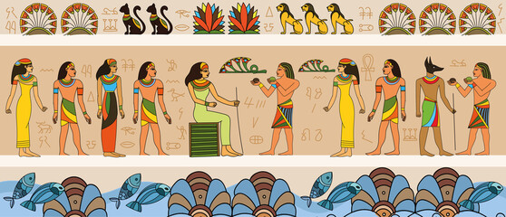 Ancient Egyptian scene with queen and servants or courtiers with border of symbols in a panorama banner, colored vector illustration - obrazy, fototapety, plakaty