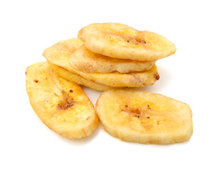 Banana chips on white background