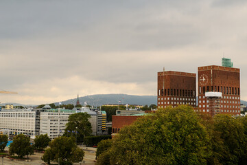 Norway. Oslo. Oslo City Hall, built of dark brick. September 18, 2018