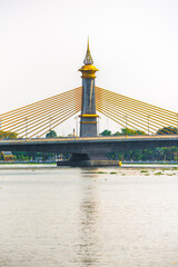 Extradosed Maha Chesadabodindranusorn Bridge on Chao Phraya River in Bangkok, Thailand