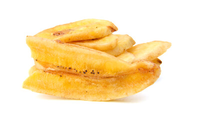 Banana chips on white background
