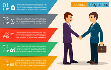 5 steps business infographic banner  template design  with two businessmen shaking hands 
