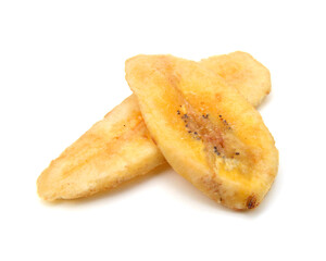 Banana chips on white background