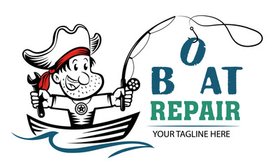 Funny cartoon logo of pirate holding wrench and fishing rod. Boat repair funny concept. Repairing Fishing Boats mascot.