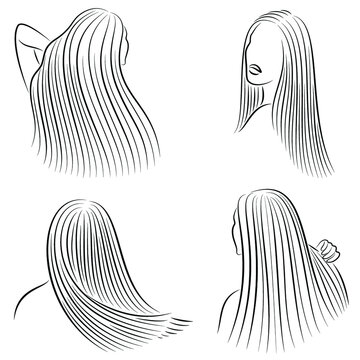 Collection. Straight beautiful girl hair. The lady is beautiful and stylish. Lamination and keratin hair straightening. Vector illustration set.