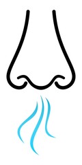Vector illustration of smell symbols, nose, vapour smoke. Breathing aroma smell icon. 