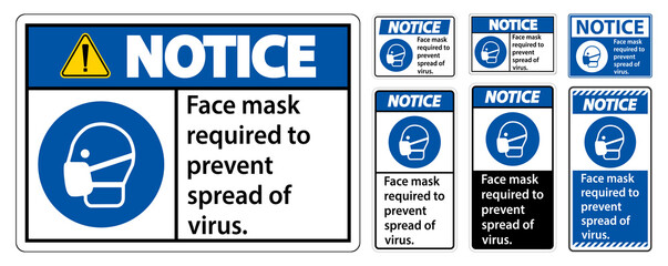 Notice Face mask required to prevent spread of virus sign on white background