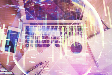 Business theme hologram drawings over computer on the desktop background. Top view. Multi exposure. Concept of international connections.