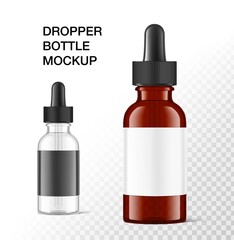 Realistic black and brown glass dropper bottle mockups. Vector illustration isolated on white background.  Сan be used for cosmetic, medical and other needs. EPS10. 