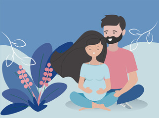 Happy couple smiling vector. Young pregnant woman and man meditating.
