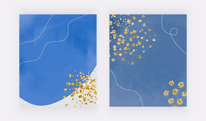 Blue abstract mid century design covers with watercolor shapes. glitter confetti
