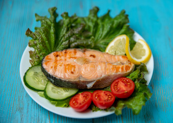 grilled salmon steak with vegetables