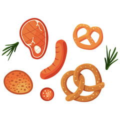 BBQ meat sticker set on white isolated backdrop. Pretzel and rosemary for invitation or gift card, notebook, Beer pub logo, scrapbook. Phone case or cloth print. Flat style stock vector illustration