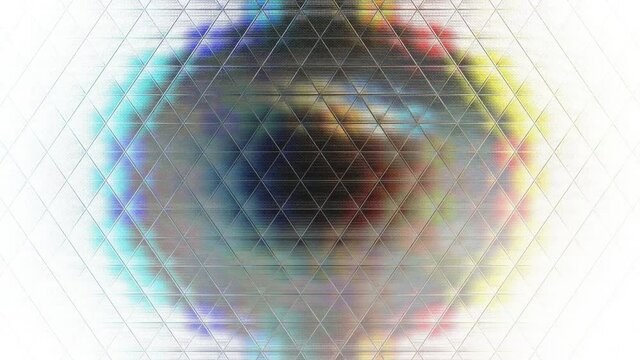 Animation of an eye looking at the lens with effects of camera movement and defocusing enclosing it in a grid of abstract triangles, prison, impossibility to see sharply. Grid, triangle shape, vision.