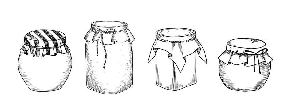 Jars. Set of hand drawn graphic illustrations in sketch style