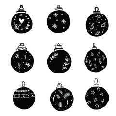 Plakat Hand drawn set on the theme of New year and Christmas. Christmas toys on white background. Sketch style. 