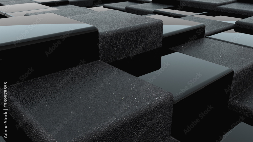 Aufkleber 3d rendering of black cubes boundless surface. computer generated abstract wavy background.