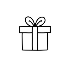 gift box doodle icon, vector black line illustration