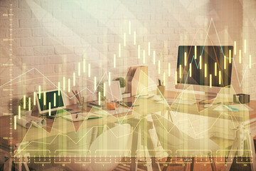 Multi exposure of stock market chart drawing and office interior background. Concept of financial analysis.