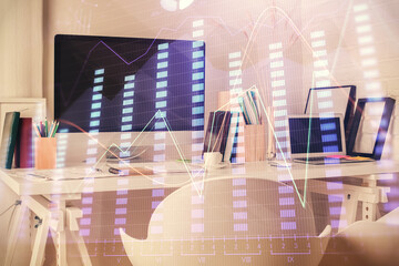 Double exposure of financial graph drawing and office interior background. Concept of stock market.