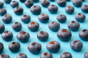 Blueberry pattern on blue background. Ripe blueberries texture close up.