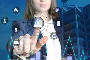 Multiple exposure of female engineer, scheme and unfinished building, closeup
