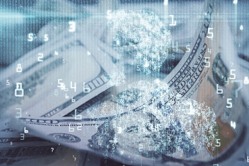 Double exposure of data theme drawing over us dollars bill background. Technology concept.