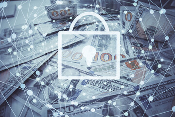 Double exposure of lock drawing over us dollars bill background. Security safe concept.
