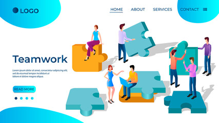 Teamwork.The concept of team and collaboration.People collect puzzles.Symbol of joint achievements.The template of the landing page.Isometric vector illustration.