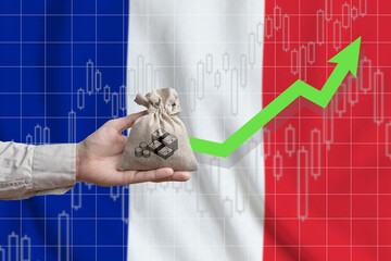 The concept of economic growth in French Republic. Hand holds a bag with money and an upward arrow