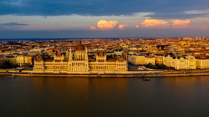 Aerial photo of the Hungarian Parliament and the city of Budapest by the Danube River