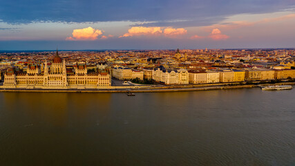 Aerial photo of the Hungarian Parliament and the city of Budapest by the Danube River