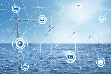 Alternative energy source. Floating wind turbines in sea and scheme