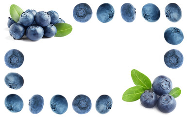 Frame of fresh blueberries on white background