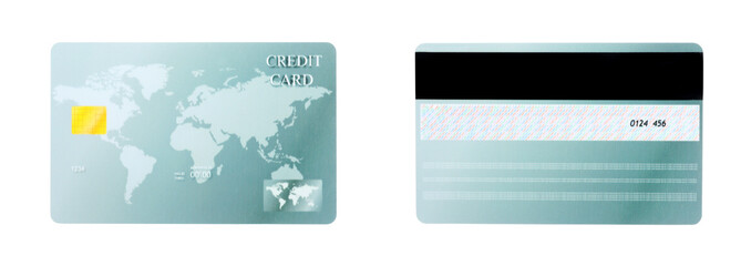 Modern credit card on white background, front and back view. Banner design