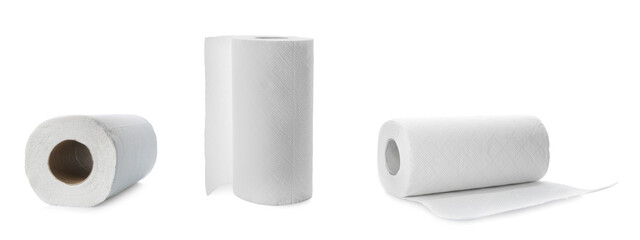 Set with rolls of paper tissues isolated on white, banner design