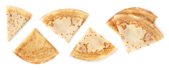 Set of tasty thin pancakes on white background, top view. Banner design