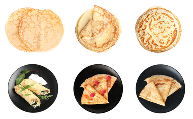 Set of tasty thin pancakes on white background, top view. Banner design