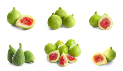 Set of cut and whole green figs on white background. Banner design