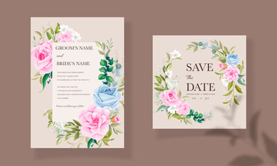 Beautiful hand drawn wedding card template with floral bouquet and border decoration