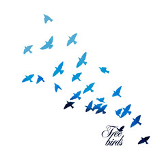 Blue swallows. Flying flock of birds. Mixed media. Free birds. Vector illustration