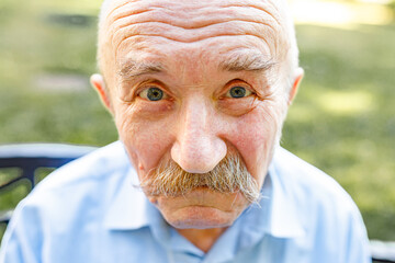 Portrait of smiling senior man with white mustache looking at camera against green grass and...