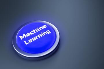 3d rendering of a shiny blue button isolated on black background. 
Machine Learning button for web page, presentation, apps and design products. Horizontal composition with copy space.