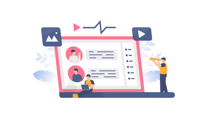 communication concepts, discussion forums, online chat. illustration of two people using the chat application on a laptop and listening to the chat in progress. flat design. can be used for elements.