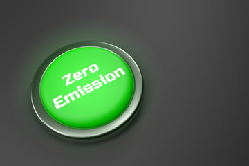 3d rendering of a shiny green button isolated on black background. 
Zero Emission button for web page, presentation, apps and design products. Horizontal composition with copy space.