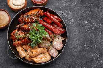 Meat set for beer, sausage, ribs, grilled wings, and three sauces, on a black background