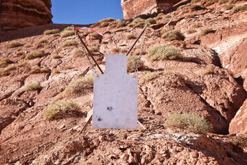 White steel target for shooting practice with two bullet holes outdoors.