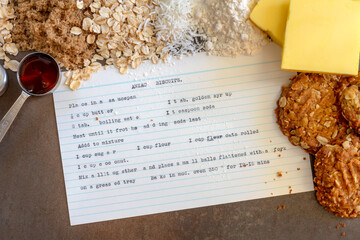 Anzac Biscuits  Vintage Recipe Ingredients and Cooked Biscuits