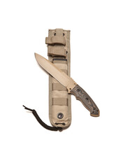 Military tactical dagger in desert tan on a white background.
